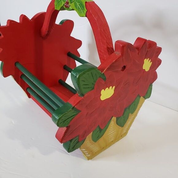 CUTE Little Red Christmas Poinsettia Wooden Basket Decor Holiday Handle Caddy - Picture 1 of 9